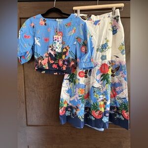NWT 2 Piece Maude Vivante Ada Cranes Cotton Skirt Set